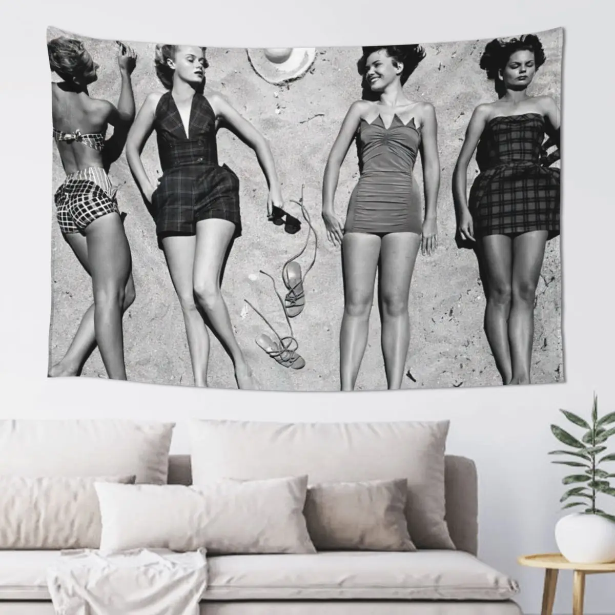 

Sunbathers, Black and White, Vintage Beach Art Tapestry Kawaii Room Decor Wall Decoration Room Decore Aesthetic Tapestry