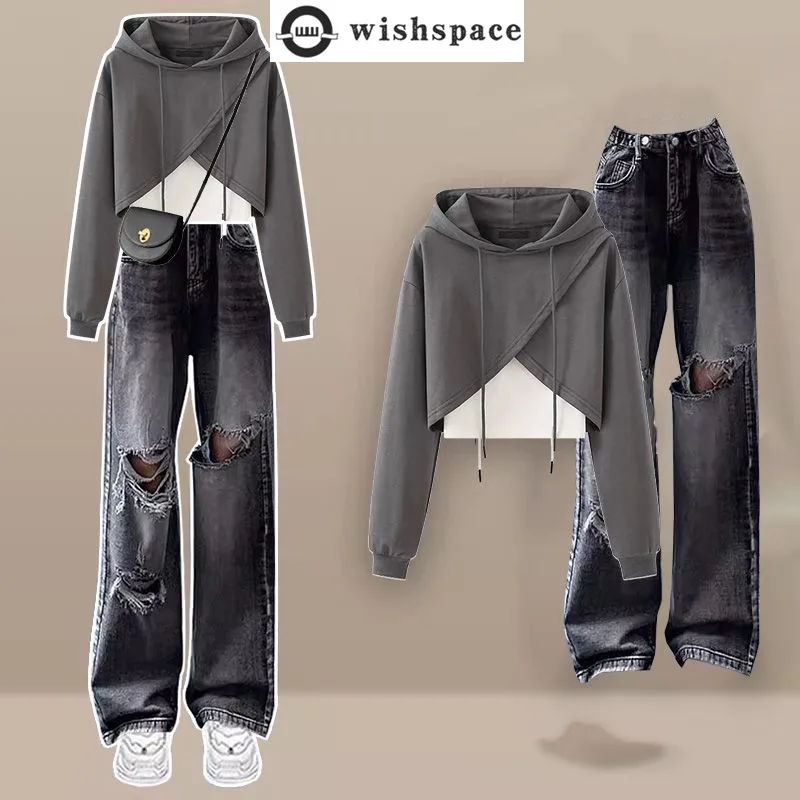 Spring and Autumn Season Set Women's Korean Loose Hooded Top Tank Top+Perforated Jeans Age Reducing Three Piece Set