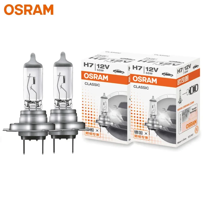 OSRAM 2pcs CLASSIC H7 12V 55W PX26d Car Halogen Head Light Standard Auto Bulbs 3200K Original Lamps OEM Quality 64210, Pair