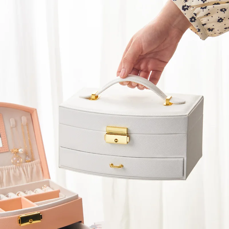 Light luxury semi-circular jewelry box, portable with lock, double-layer ring necklace storage box