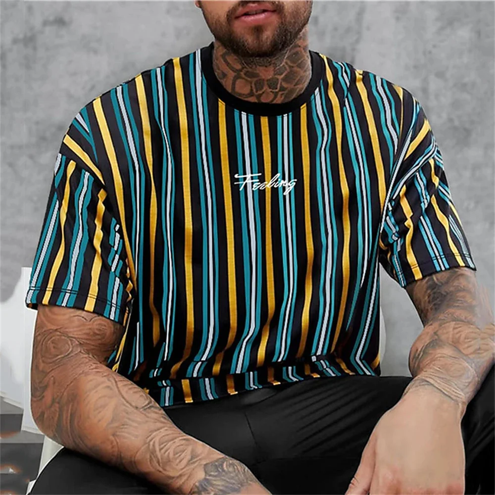 Striped T-Shirt For Men Letters 3d Printed Men\'S Clothing Loose Oversized-Shirt Street Trend Short Sleeved Daily Casual Tees Top