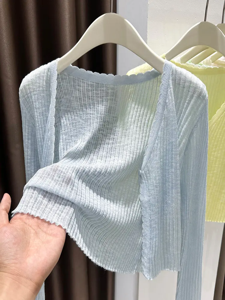 

Blue Thin Knitted Cool Feeling Women's Cardigan Spring Strap Dr Outer Air Conditioning irt Small awl Top Breathable Co...