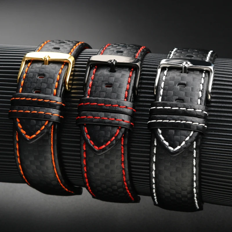 Calfskin strap Bracelet Carbonfiber Grain Watchband 18mm 20mm Red Orange Stitching Watch Band 21mm 22mm 23mm 24mm Watch Strap