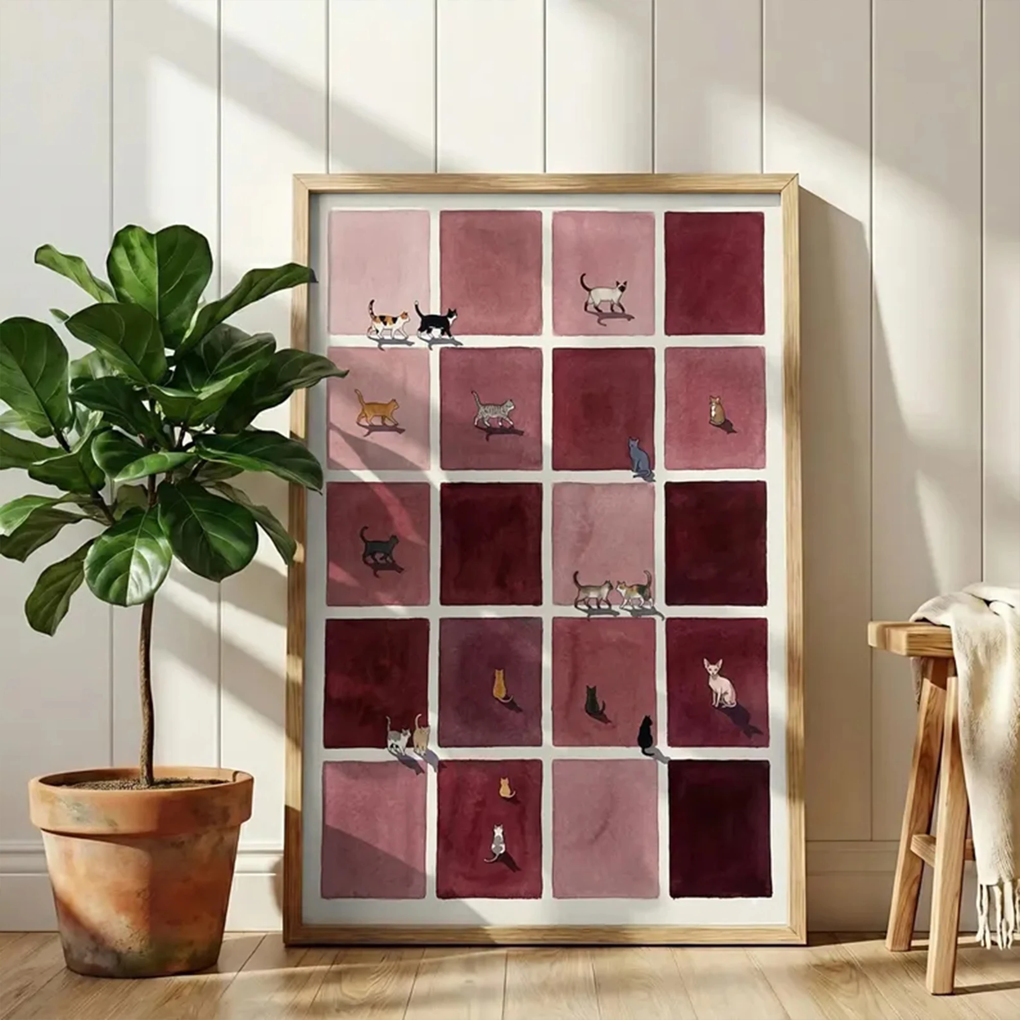 Modern Minimalist Burgundy Grid Tiny Cats Wall Art Print Canvas Painting Poster Picture For Living Room,Bedroom Home Decor