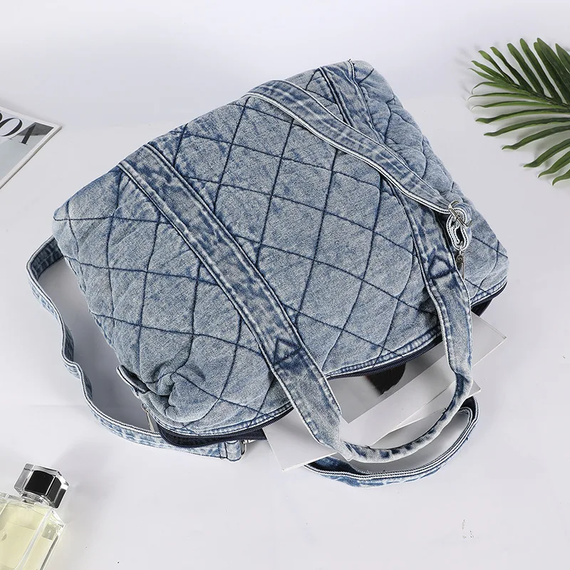 Vintage Washed Denim Quilted Boston Handbag Large Capacity Plaid Pattern Casual Handbag 2025 Hot Sale Women's Shoulder Bag