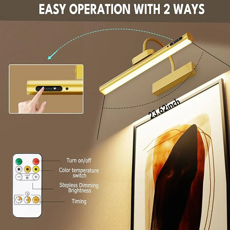 Picture Light Wall Light 4000mAh Battery Operated 3 Colors & Brightness Dimmable Rechargeable Wall Lamp Room Decoration