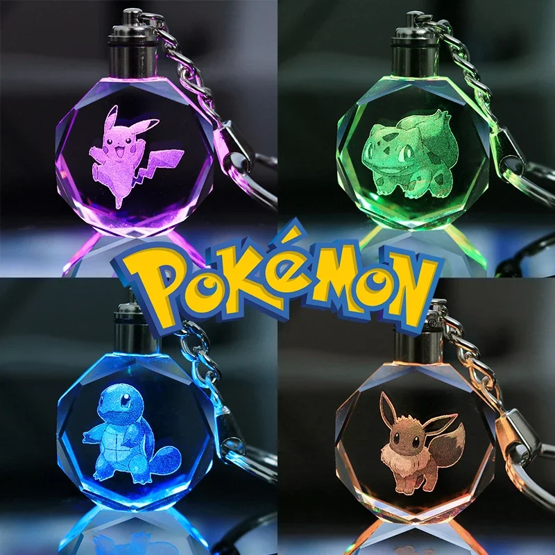 Pokemon Pikachu 3D Luminous Keychain Charizard Mewtwo Figures Toy Crystal Doll Night Light Metal Pendant Kid Birthday Gift