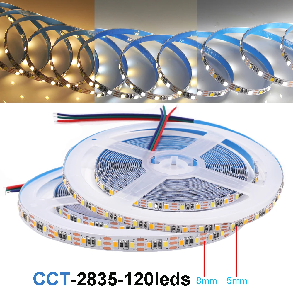 

Двухцветная СВЕТОДИОДНАЯ лента SMD 2835 CCT с регулируемой яркостью, 5 м, 5 В, 5 мм, 8 мм, печатная плата WW, CW, регулируемая цветовая температура, гибкая светодиодная лента