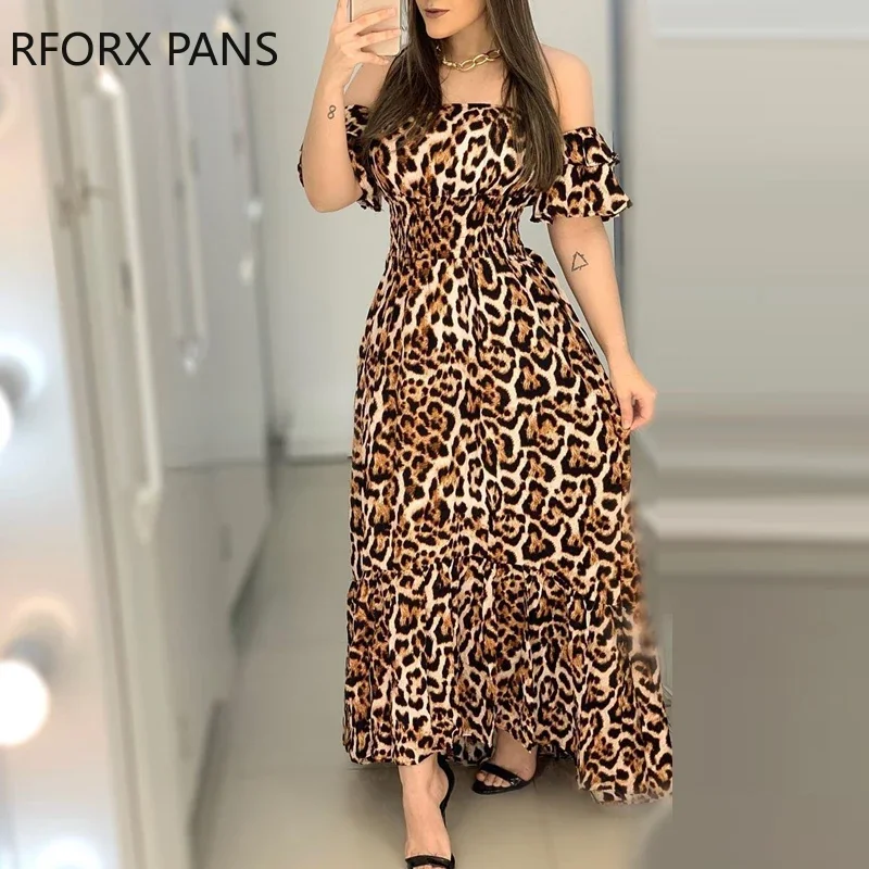 Women Off Shoulder Cheetah Print Shirring Design Ruffles Maxi Dress  Elegant  Sexy Party Dress