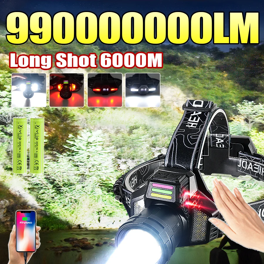 2026 NEW 990000000LM High Power LED Headlamp Rechargeable Long Range 6000M Headlight 18650 Head Torch Fishing Camping Lantern