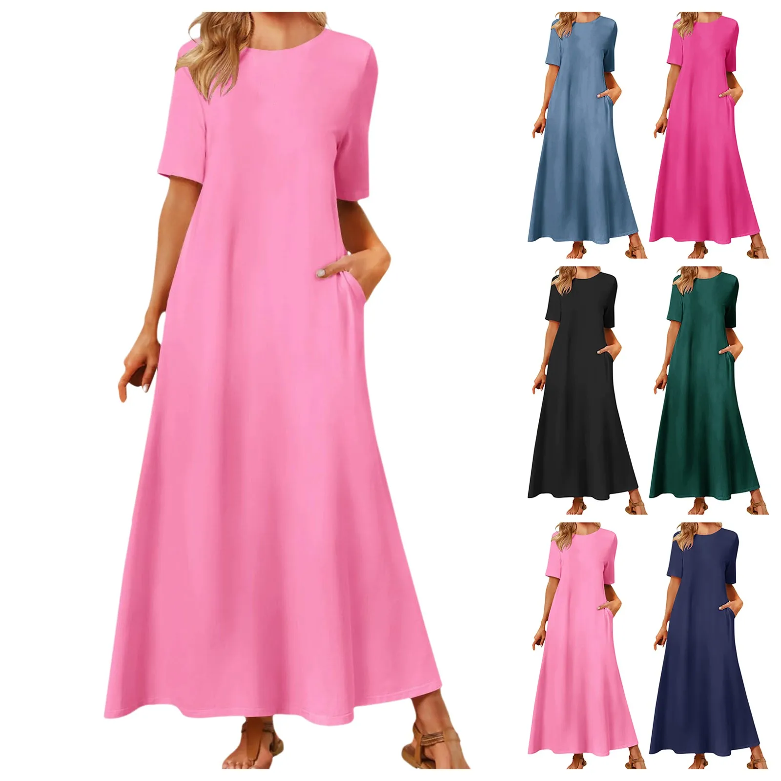 Vestido feminino de manga curta gola redonda, vestido longo em linha com bolsos, vestidos femininos soltos, monocromático, casual, maxi, verão, 2022