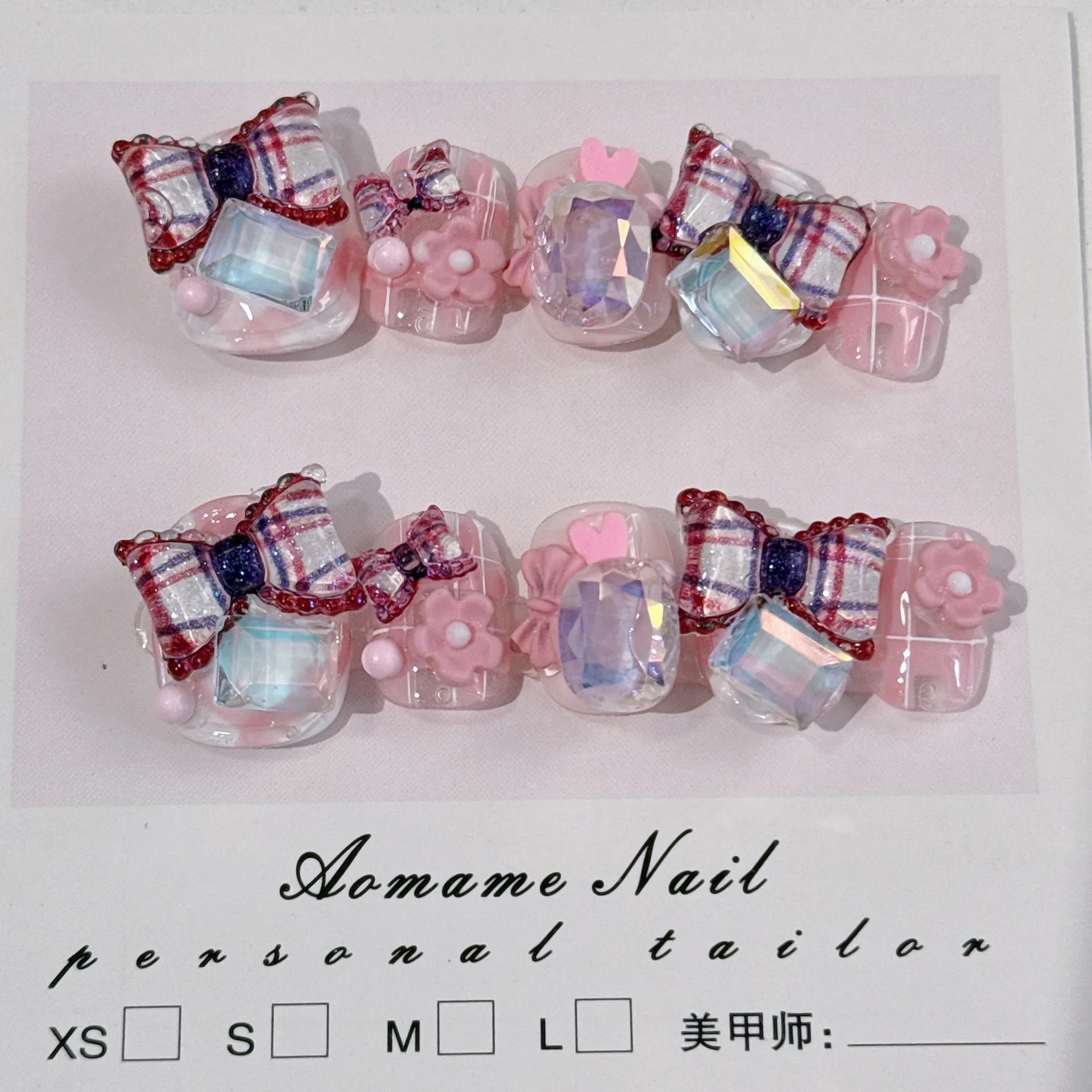 Four Seasons Cute Short Nails Press On Nails Handmade Sugar Cube Checkered Bow Small Flowers Fake Nail Patches Removable