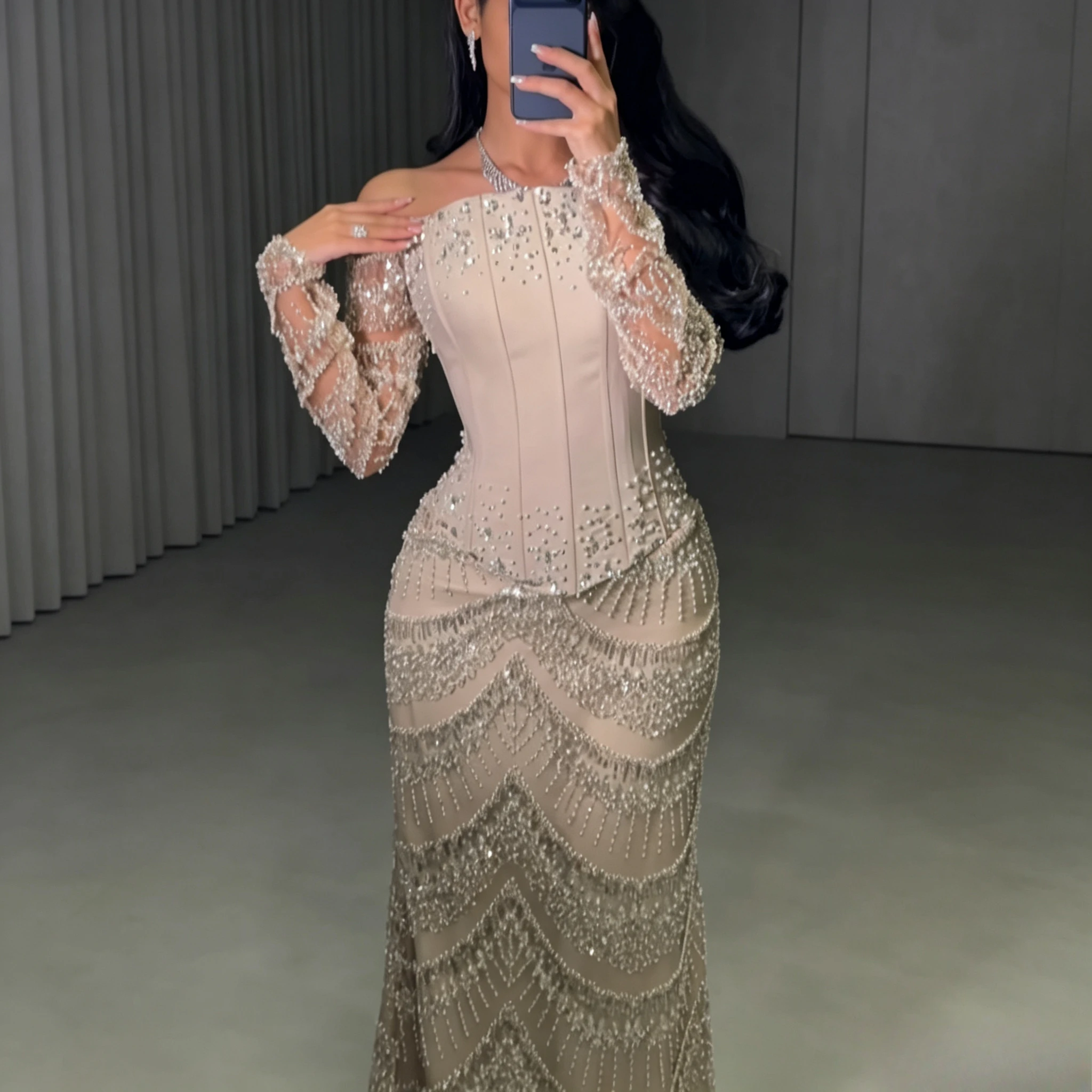 Formal Evening Dress Off The Shoulder Neck Sheer Lace Flutter Long Sleeves Fitted Corset Waist Multi Layer Wavy Rhinestone