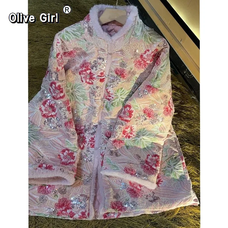 

Olivegirl женское пальто розовые бусины для ногтей с блестками утолщенное хлопковое бархатное пальто куртка хлопковая женская верхняя одежда традиционная