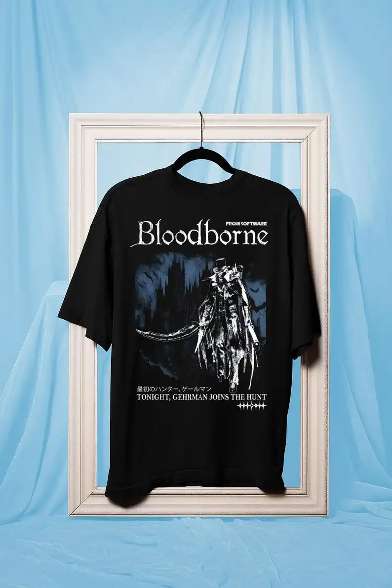 Bloodborne Gaming T-Shirt Übergroßes Streetwear-T-Shirt für Männer und Frauen Yharnam the Hunter Shirt Amygdala Videospiel-T-Shirt Unisex Gamer-Top