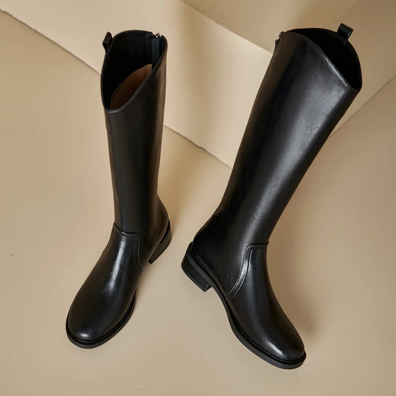 QUTAA News Fashion Winter Women Knee High Boots Round Toe Woman Shoes Low Heels Cow Leather Motorcycle Long Boots Black 34-42 - Image 4