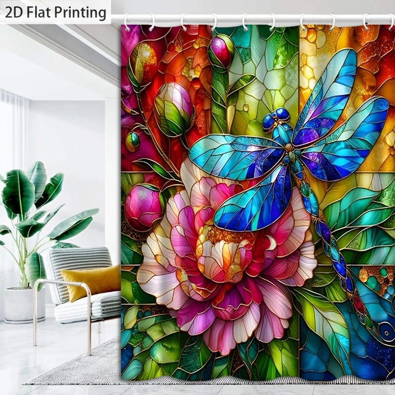 1pc Peony Dragonfly Pattern 2D Flat Shower Curtain with Hooks, Machine Washable, High-End Elegant Bathroom Curtain, Shower Curta