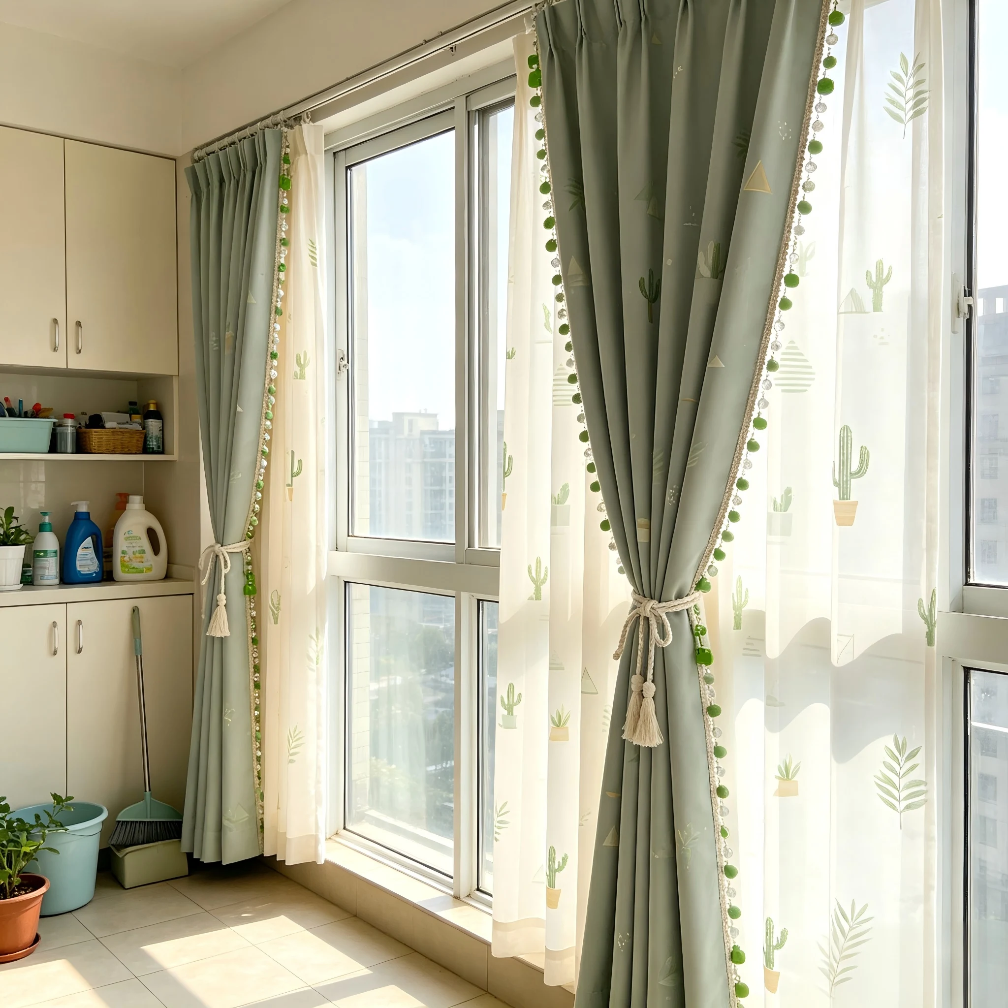 200318 Entryway Dressing Mirror Area: Fuzzy Pink Satin × Smoke Gray Tulle, Silver Star Flower Branch Embroidery Curtains