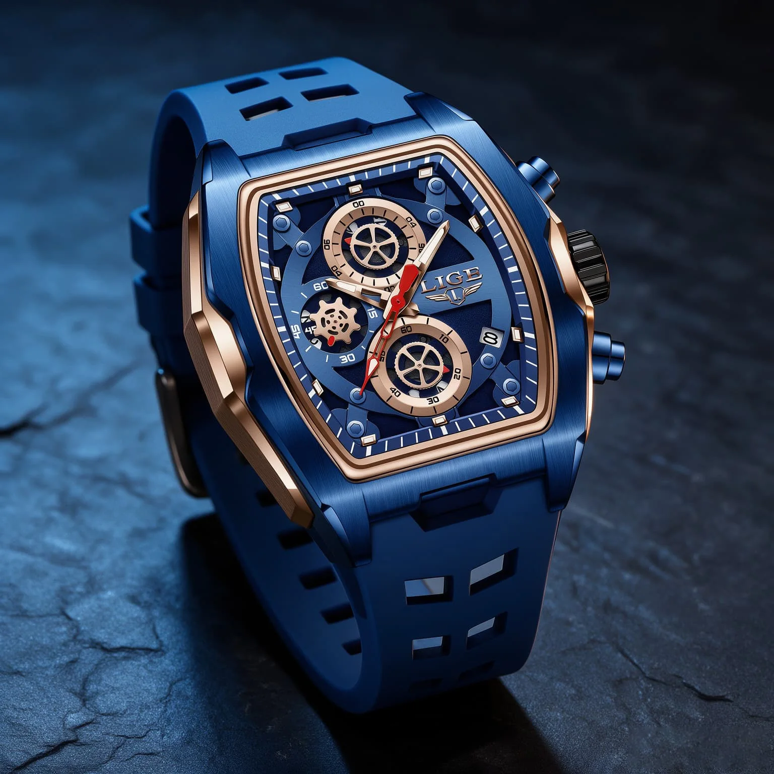 LIGE Blue Quartz Watch Men Fashion Military Sport Chronograph Wristwatch with Luminous Hands Auto Date Silicone Strap Clock