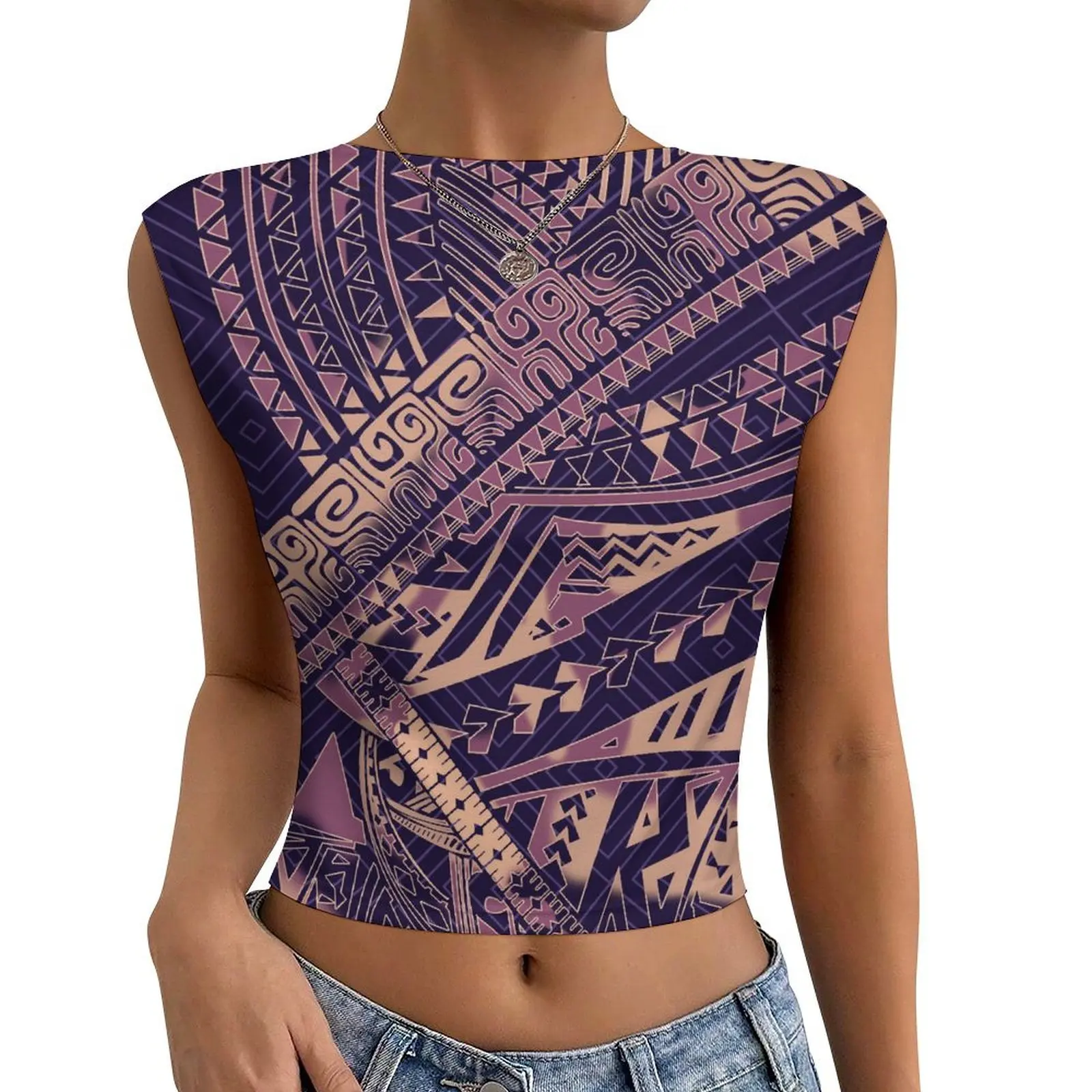 Hot Sale Purple Backless Short Sleeve Custom Tonga Samoan Print Ladies Fashion Sexy Summer Short Sleeve Sleeveless Design Shirt