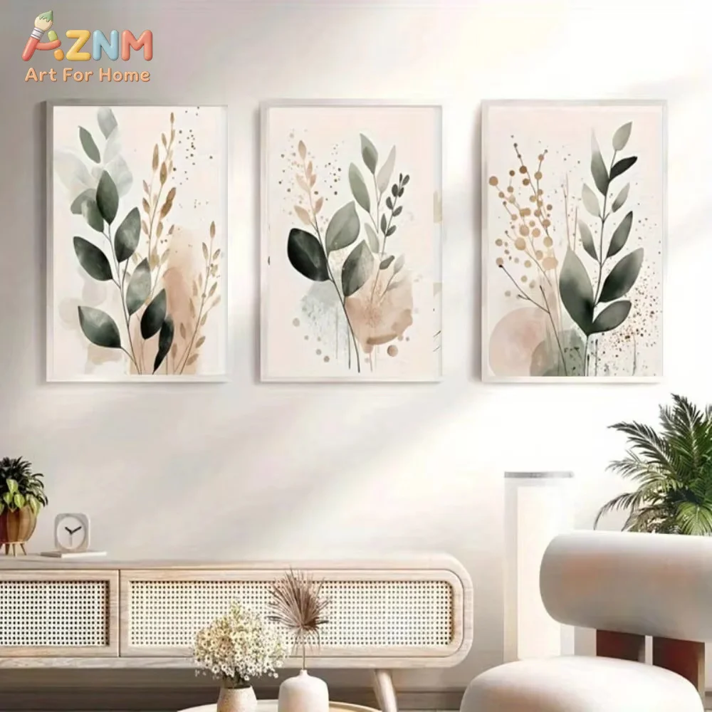 AZNM Tableau mural sur toile, style bohème, motif feuille verte aquarelle et imprimé végétal beige neutre, non encadré, pour salon et chambre