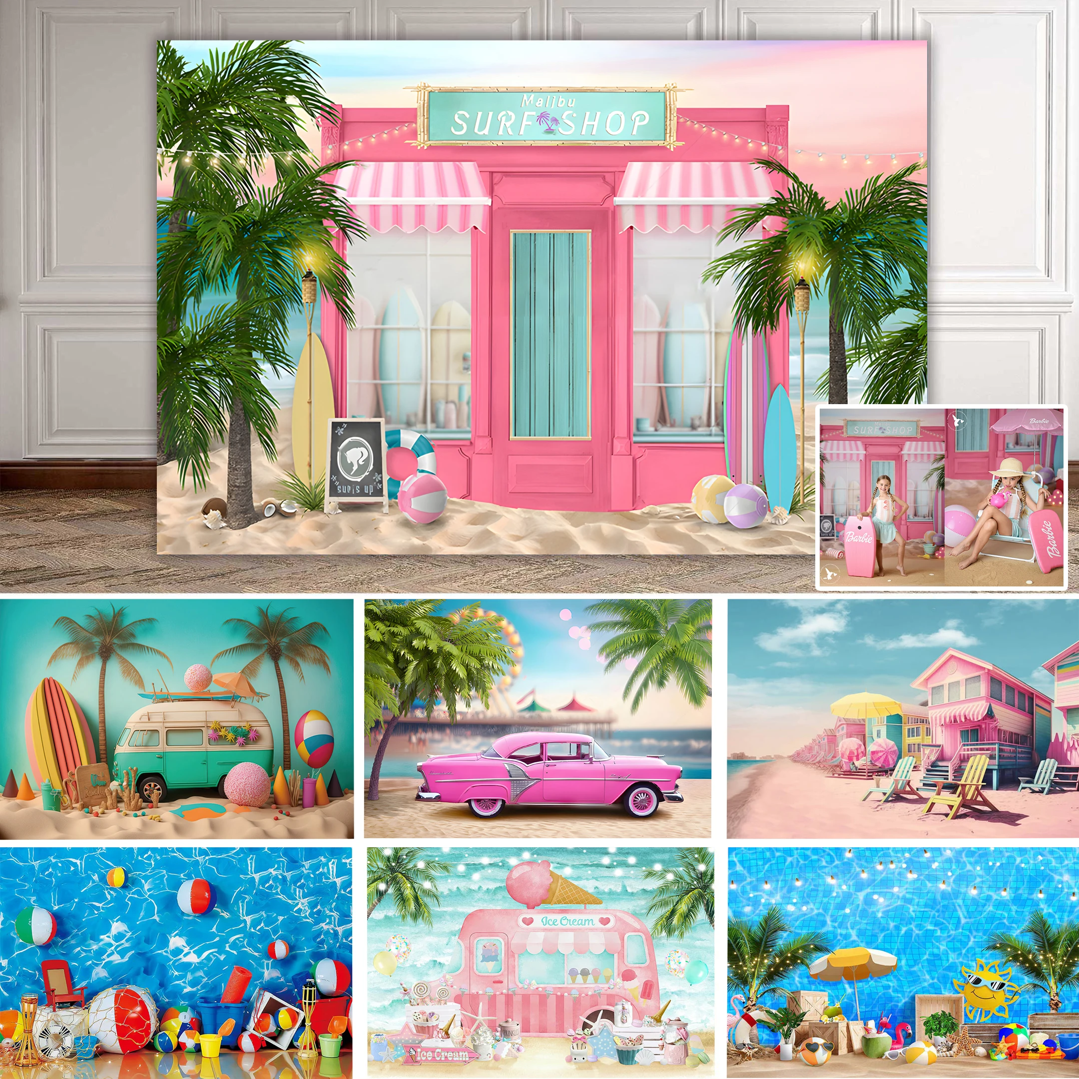 Summer Pink Doll Car Beach Surf Shop Backdrops Kids Baby Birthday Photocall Portrait Photography Props Seaside Trees Background