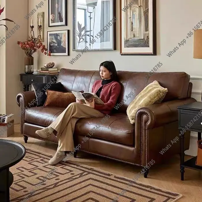 American retro leather sofa straight row living room first layer cowhide large and small apartment villa antique sofa