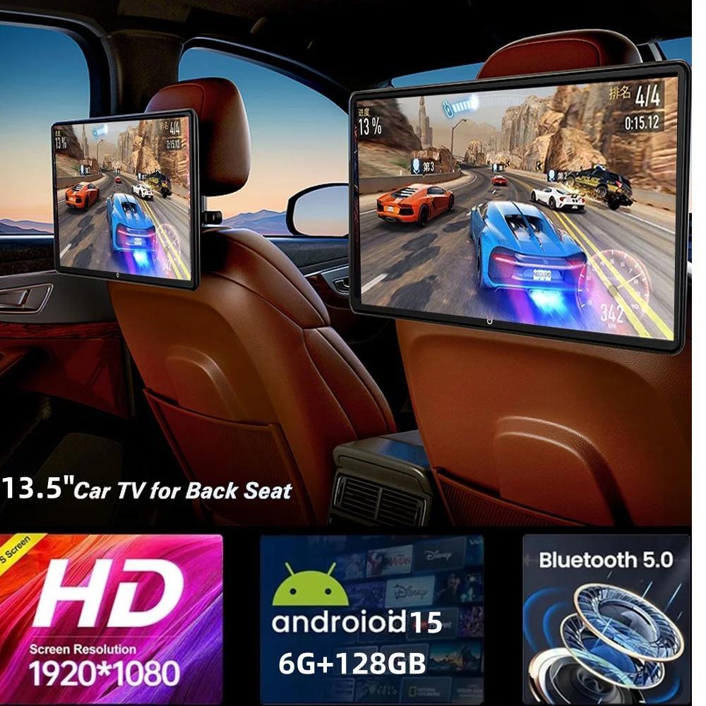 13.5 inch Headrest Monitor Tablet PC Rotatable Rear Entertainment TV Andriod 15 HD 4G WIFI HDMI 6GB+128GB ROM Mirroring Miracast