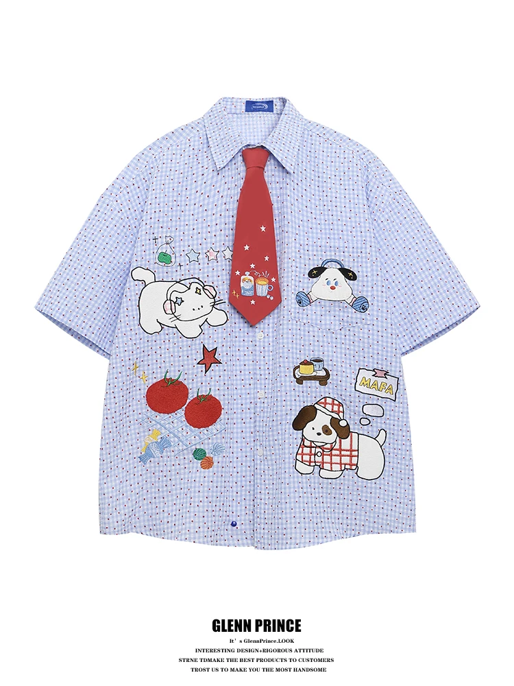 

GPstudio Japanese Sle Cartoon Polka Dot Plaid ort Sve Men's Summer Design College irt Casual Loose Fit Breathable