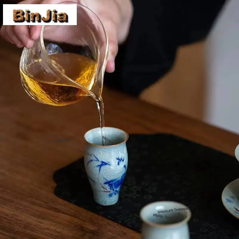 45ml Hand Drawn Fish Playing Ice Cracking Teacup Vintage Tea Bowl Single Cups Tea-tasting Smelling Cup Chazhan Master Cups Cafes