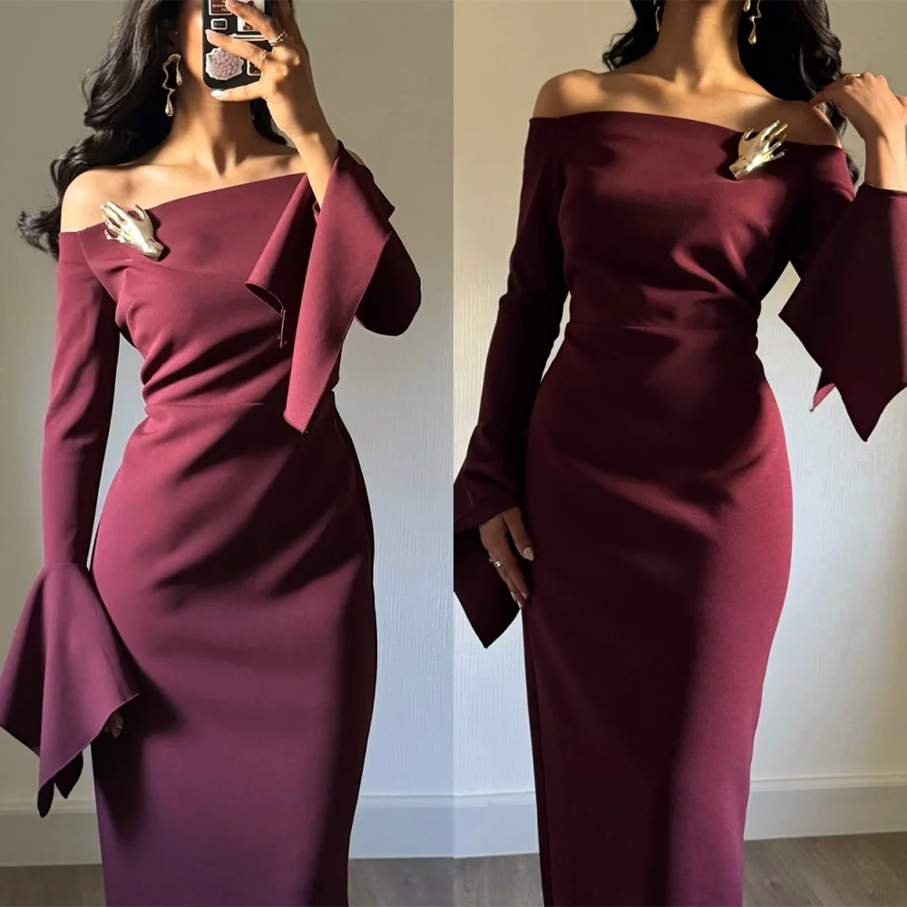 

Customized Elegant Burgundy Jersey Homecoming Dress Modern Boat Neck Long Sleeves Mermaid Zipper Back Customized Vestido De Noc