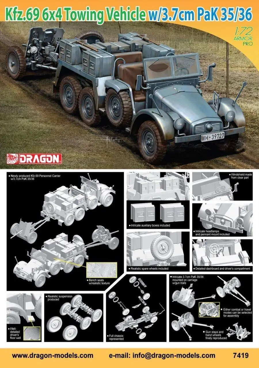 DRAGON 7419 1/72 Kfz.69 6x4 Towing Vehicle w/3.7cm PaK 35/36