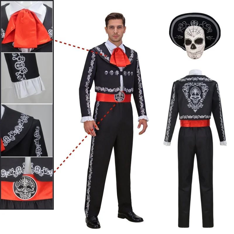 Traditionelles Mariachi Amigo Day of the Dead Cosplay Ethno-Kostüm-Set mit Jacke, Krawatte, Hose und Hut für Herren-Halloween-Bandkleidung