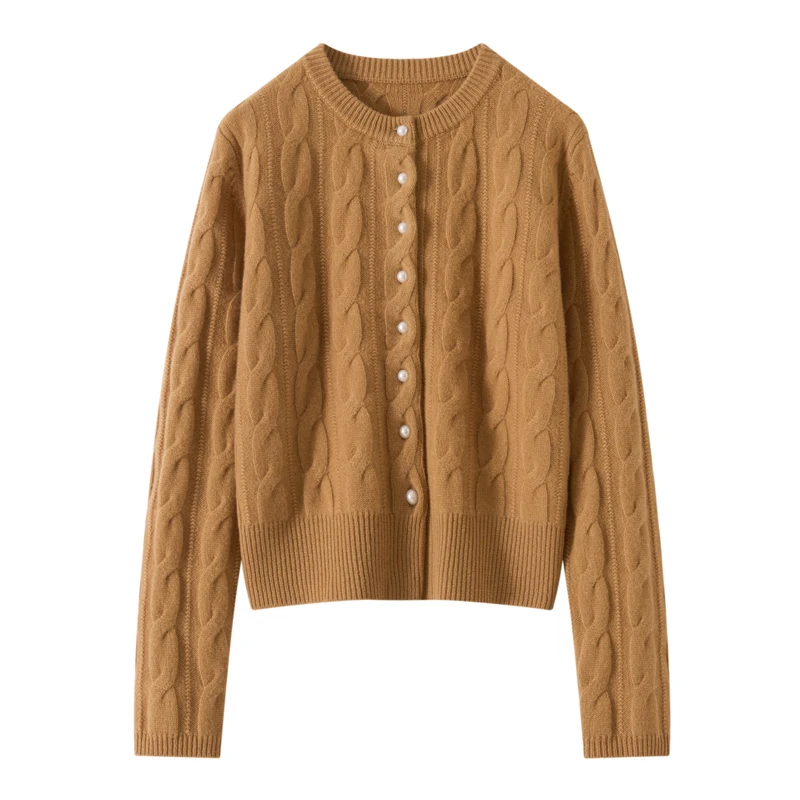 

Chic Women's Thick Cable Stitch Pearls Button O-Neck Cardigan 100% Merino Wool Knitwear Simple Casual Soft Warm Sweater Tops