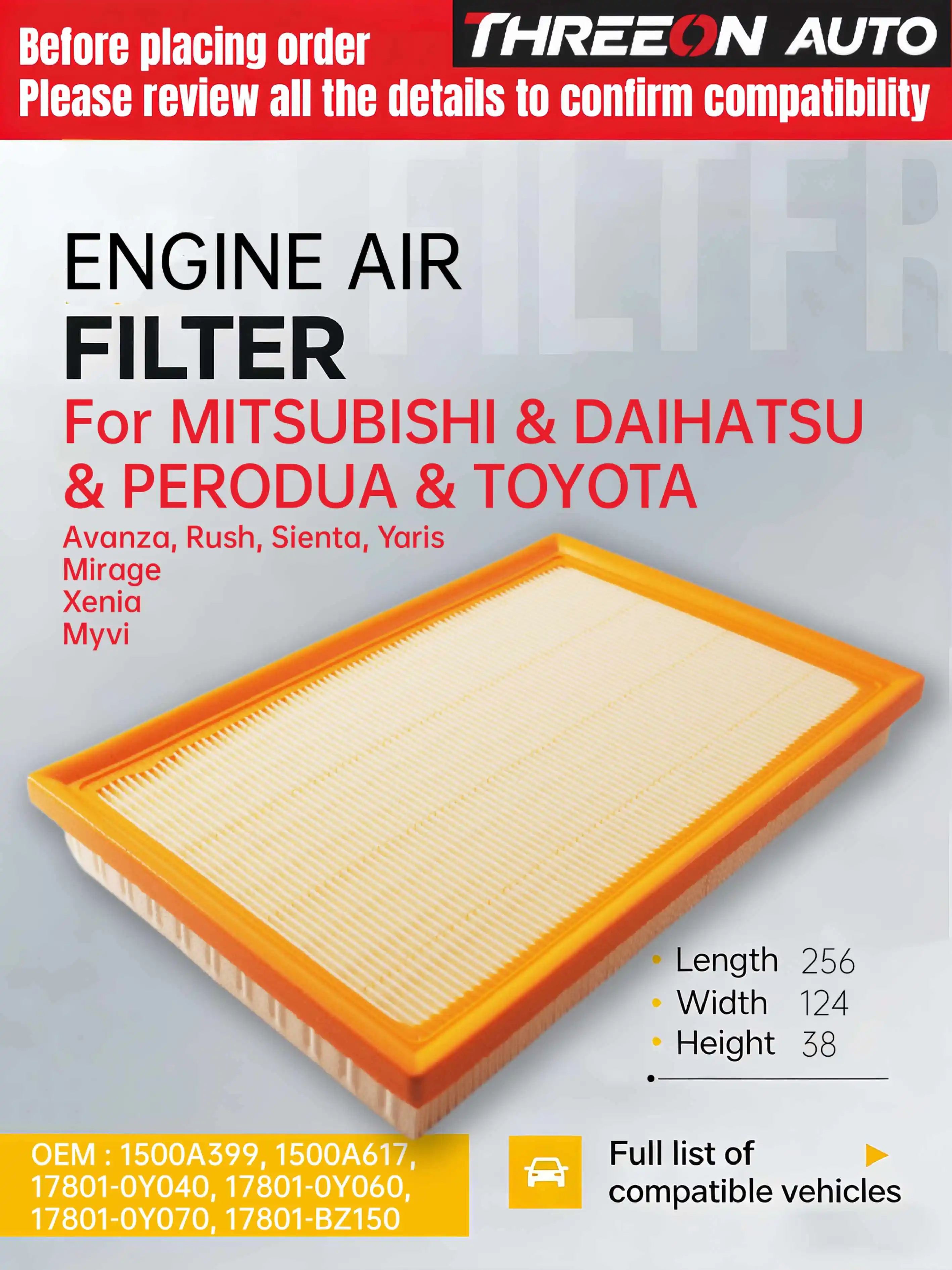 

For Mitsubishi Mirage 2014-2023, Mirage G4 2017-2023, L3 1.2L THREEON AUTO Air Filter TOA1582 178010Y040 178010Y050 178010Y070