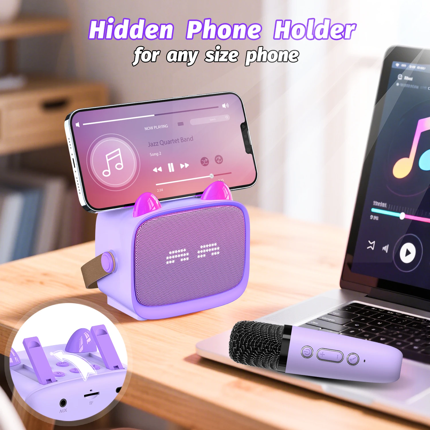 Brinquedo de karaoke com alto-falante Bluetooth, brinquedo interativo para reuniões familiares, com luzes LED de pixel dinâmicas, alto-falante portátil sem fio.