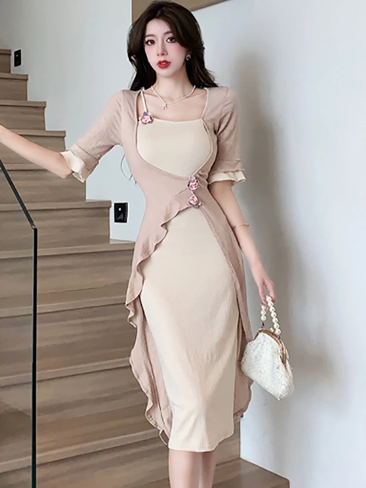 Women Fashion Patchwork Fake Two Piece Midi Dress Summer Short Sleeve Square Collar Ruffled Dress 2024 Korean Elegant Prom Dress