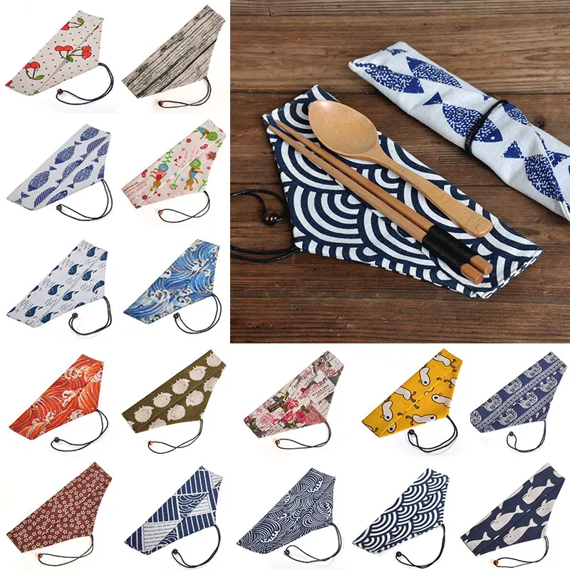Tragbare Geschirr tasche im japanischen Stil wieder verwendbares Getränk Stroh Essstäbchen Besteck beutel Kordel zug Besteck beutel für Löffel gabel