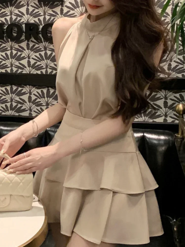 

Elegant Satin 2 Piece Dress Set Women 2025 Summer Sleeveless Y2k Crop Tops + Mini Skirt Female Even Party Black Dress Japan