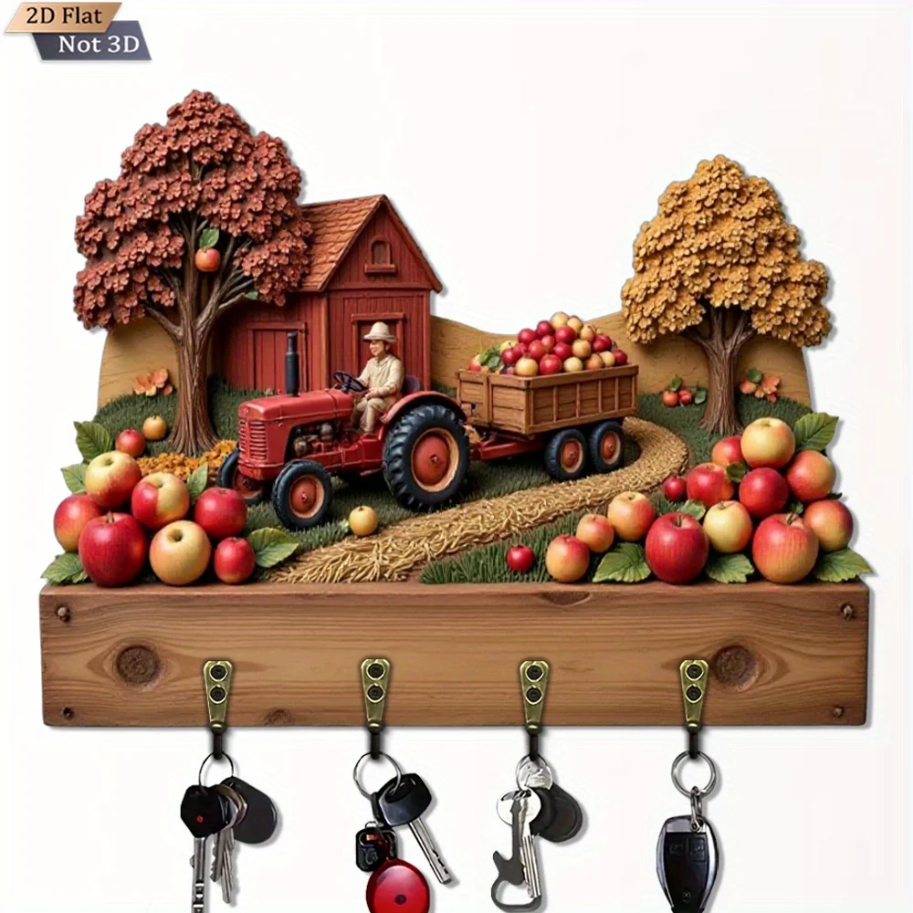 2D Plane, Single Pack, Harvest Tractor Apple Key Hook, Wooden Multi-functional Home Key Rack with 4 Metal Hooks, Wall Decoration