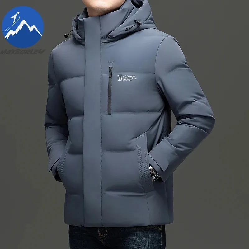 Chaqueta larga de invierno para hombre, 90% plumón de pato, abrigo grueso y cálido con capucha extraíble, ropa informal de negocios de cuero PU resistente al agua