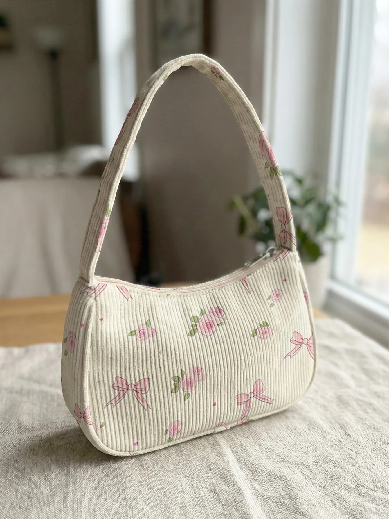 Trendy Pink Rose & Bow Print Shoulder Bag, Corduroy Underarm Bag for Daily Casual Use