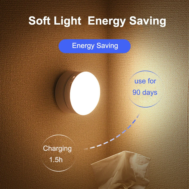 PIR Motion Sensor Night Light, Lâmpada de parede sem fio, USB recarregável, sob o armário, corredor, armário, banheiro, rotação de 360 °