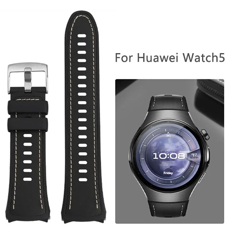 For Huawei Watch5 Watch New 46mm Composite Plain Leather Fluororubber Watch5 Quick Release Breathable Men Women Sports Watchband