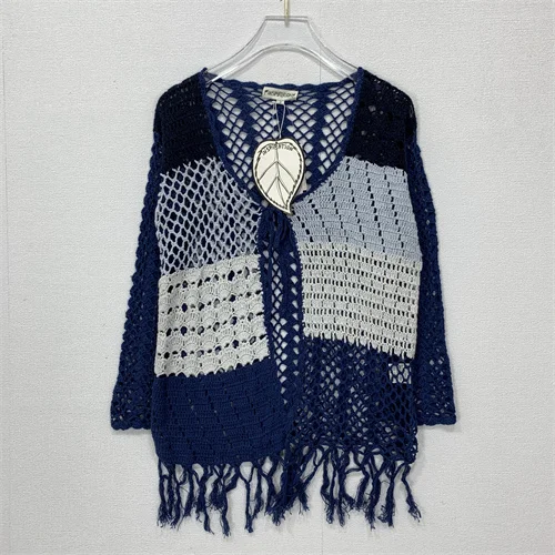 سترة صيفية محبوكة مجوفة مصنوعة يدويًا عتيقة مع سترة مفتوحة بشرابة على شكل حرف V طويلة Sve فضفاضة تناسب #2