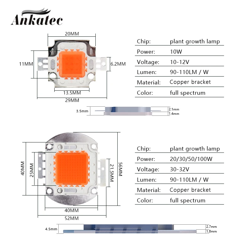 10W 20W 30W 50W 100W high power diode LED chip plant growth lamp 380NM-840NM LED COB chip for indoor and outdoor plant lighting