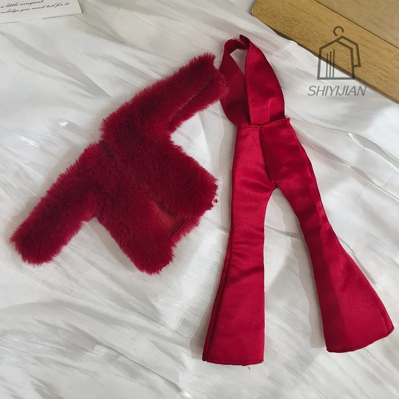 New designed Doll Clothes Accessories Fashion Sexy Red Plush Jacket Long Pant For BB FR 1/6 BJD Dolls