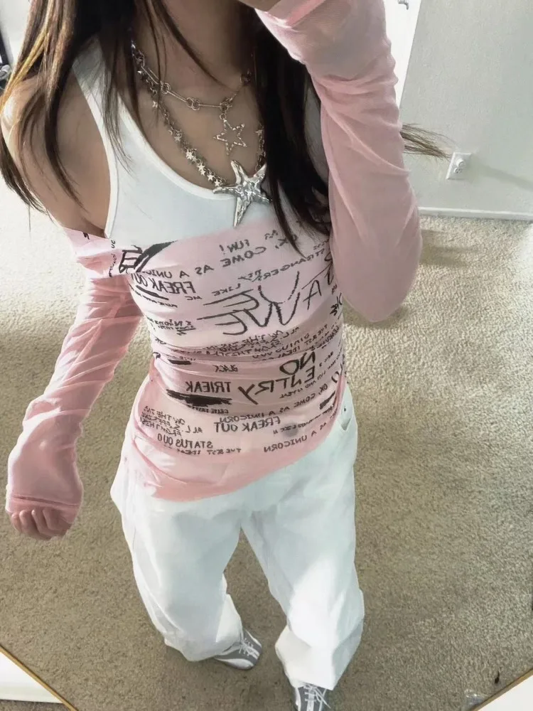 

Pink Patchwork Fake Two Piece T-shirts American Summer Vintage Long Sleeved Tee Shirt 2025 New Slim Fit Top for Women