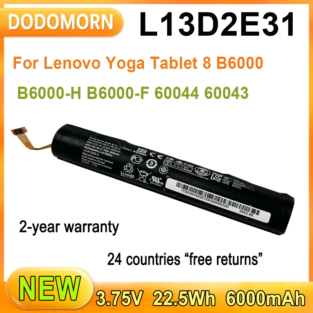 

New L13D2E31 For Lenovo Yoga Tablet 8 B6000 B6000-H B6000-F 60044 60043 Rechargeable Li-ion Battery 1ICR19/65-2 22.5Wh 6000mAh