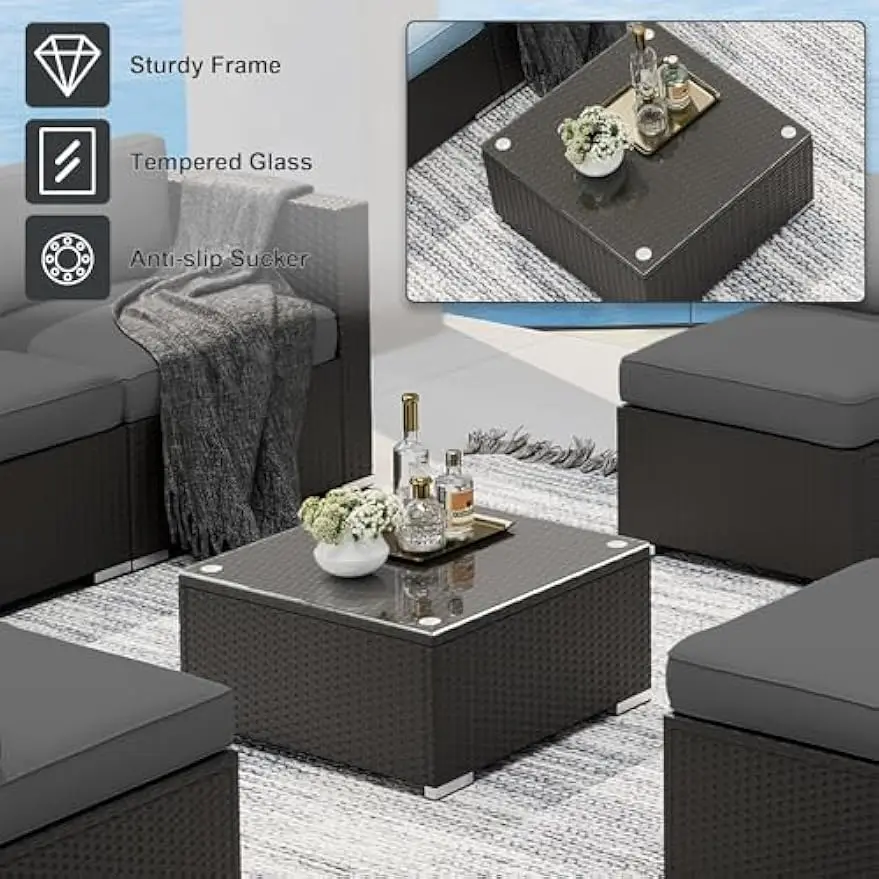 7PCS Outdoor Patio Furniture Set, Black Brown Rattan Sectional Conversation Set, Modular Sofa Set w/ Coffee Table, Grey Cushion